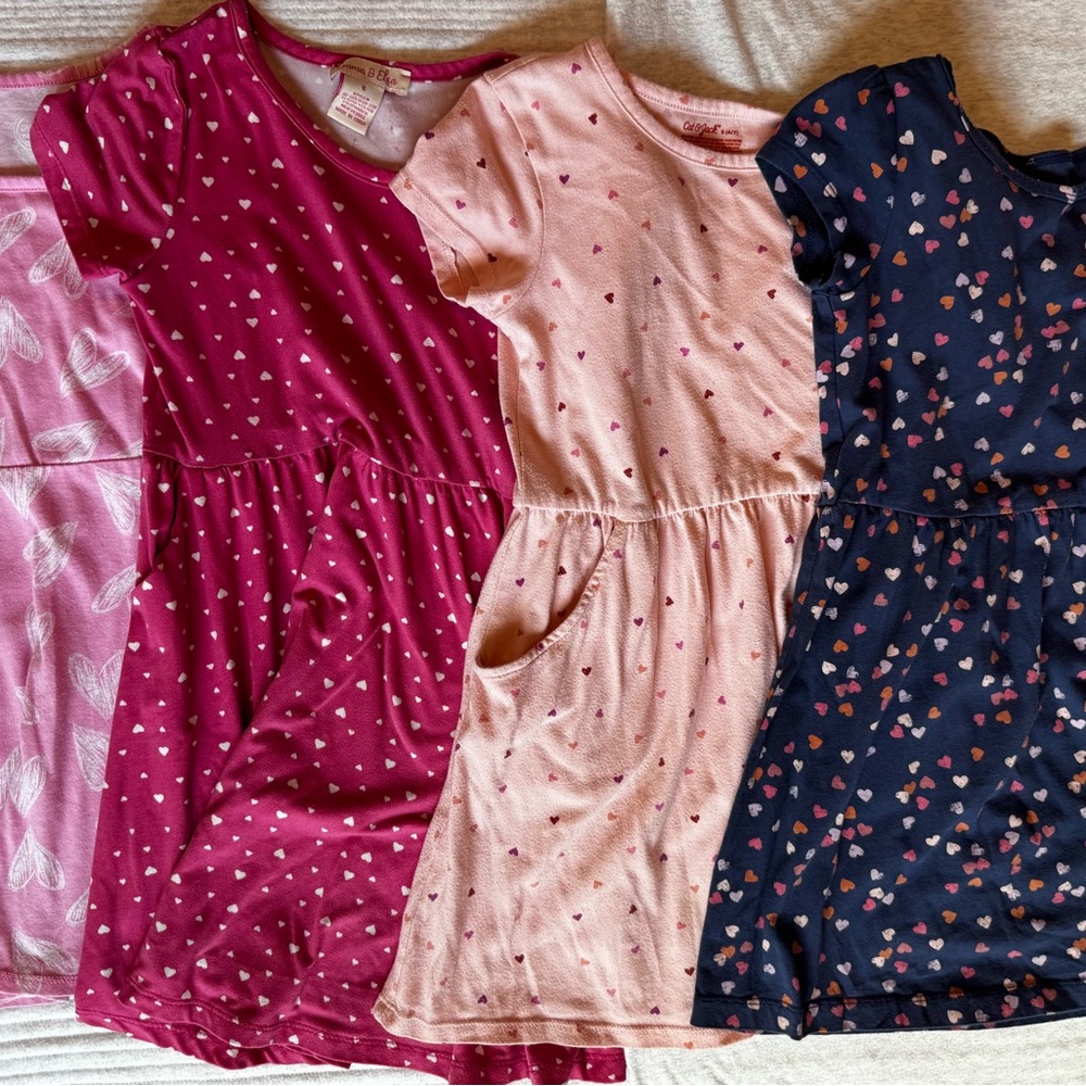 Girls Heart Print Dress Bundle - Magenta, Pink, Navy (6)